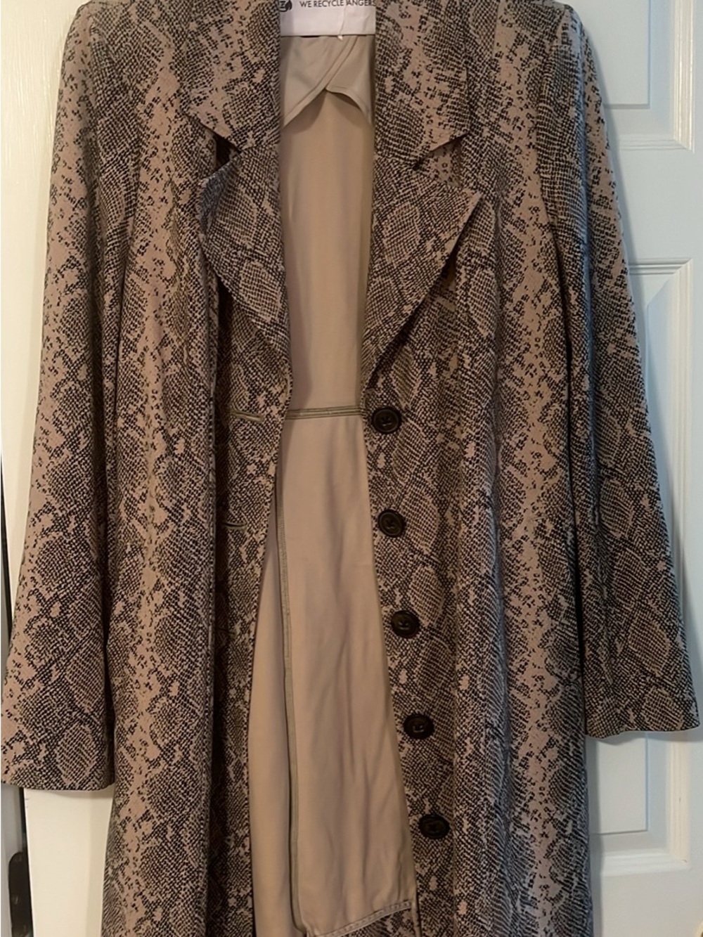 CAbi Snake-Print Trench Coat in Taupe and Black